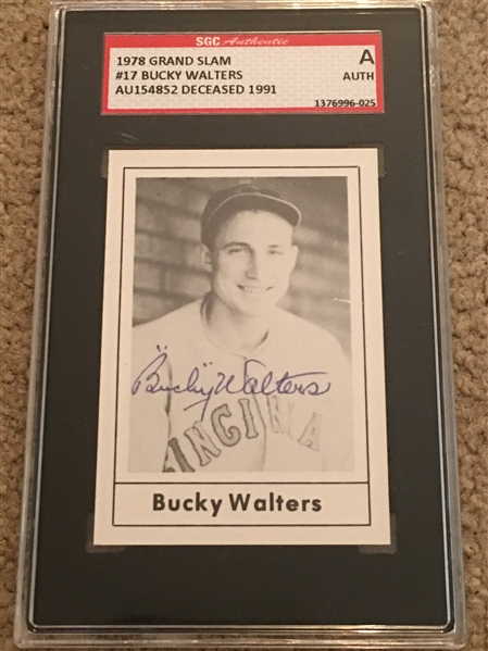 BUCKY WALTERS REDS HALL of FAMER SIGNED CARD 1939 40 World Series in $15 SGC SLAB