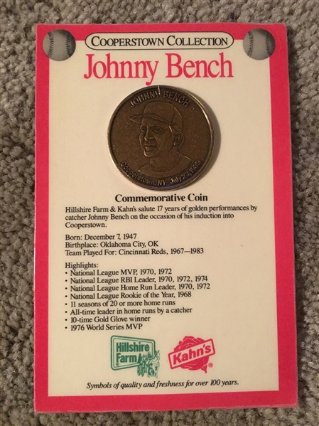JOHNNY BENCH KAHNs COIN on ORIGINAL CARD HOF 