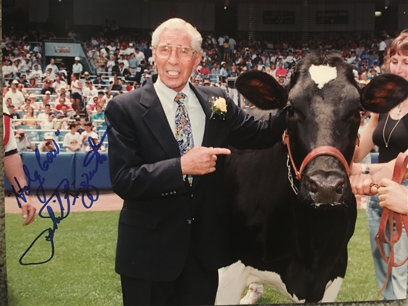 Coolest Photo Ever: PHIL THE SCOOTER "HOLY COW" SIGNED 8x10 with THE COW HOF (Phil)